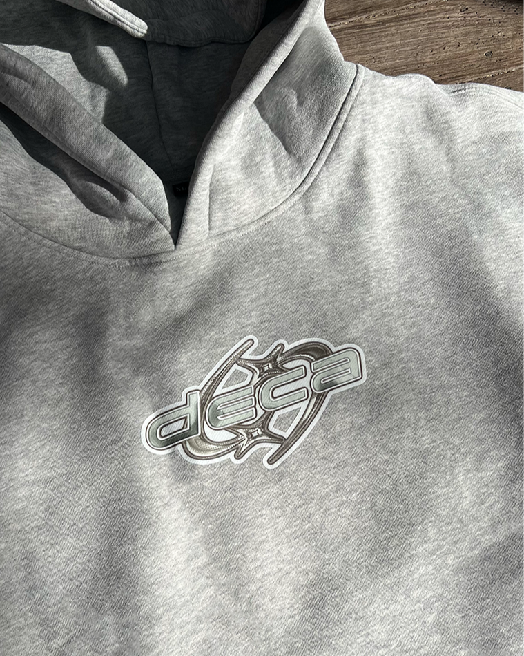 Gray hoodie with a logo on the chest